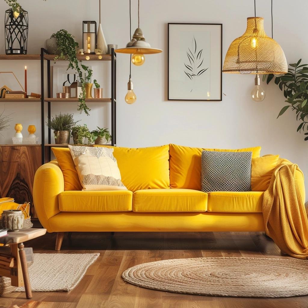 sofa amarelo na sala de estar