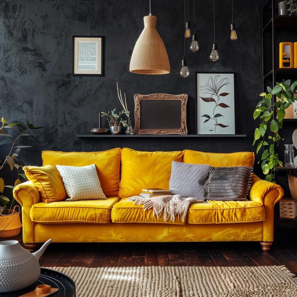 sofa amarelo na sala de estar
